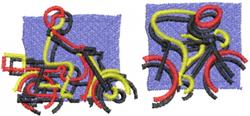 Playful biker figures on bicycles outlined in bold red, yellow, and black lines against a purple background.