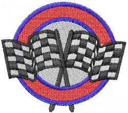 Bold checked racing flags design featuring crossed black and white flags with a vibrant circular red border, ideal for race e