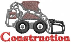 Cartoon construction vehicle with round wheels and bold red 'Construction' text, high contrast design.