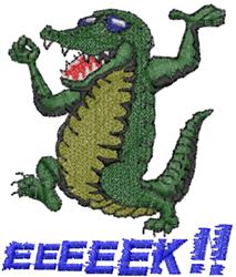 Cartoon crocodile with vibrant green scales, blue sunglasses, and bold 'eeeeeek!!' text in a humorous style.