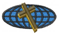 Contemporary yellow cross design with black outlines on a vibrant blue globe background.