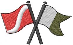 Crossed flags design featuring a realistic red flag with a white curve, a green flag, and black poles.