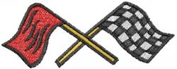 Crossed flags in vibrant colors: a red flag and checkered flag on a yellow pole, perfect for sports events.
