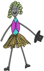 Playful dancer with curly green hair, colorful dress, and top hat, perfect for kids' designs.