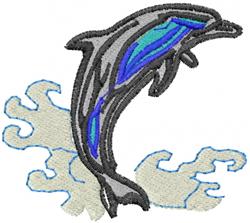 Realistic dolphin with blue highlights leaping over soft white waves, ideal for marine-themed embroidery.