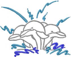 Playful dolphins swimming with blue and aqua splashes, alongside dynamic waves in this lively stock design.