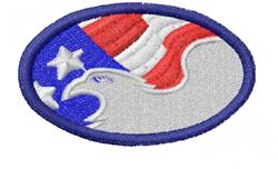 Vivid eagle with fierce gaze and stylized American flag in red, white, and blue, perfect for patriotic events.