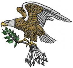 Realistic eagle in flight with brown feathers and white accents, grasping a green branch, arrows below.