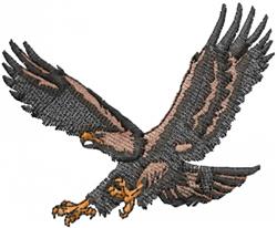 Eagle in flight with outstretched wings, detailed feathers in dark shades, claws extended elegantly.