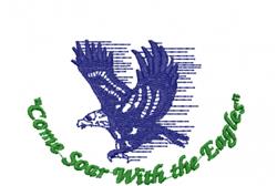 Bold eagle in blue with white wings flying above green text 'Come Soar With the Eagles'. Ideal for apparel.