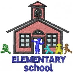 Colorful playful applique school building with clock tower, vibrant children, and 'ELEMENTARY school' text.