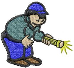 Cartoon man in a blue cap holding a flashlight, beaming yellow light, playful design, adventure theme.