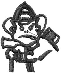 Cartoon monkey fireman with a determined expression, wearing a fireman hat and holding a fire hose.
