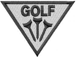 Golf-themed patch featuring a triangle shape with 'GOLF' text and three golf tees below, with a bold design.