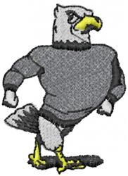 Cartoonish hawk in a gray sweater, confidently posed with a vibrant yellow beak and feet. Perfect for playful designs.