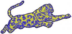 Vibrant leaping leopard in bright yellow with black spots and purple outline, perfect for playful accessories.