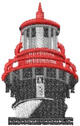 Realistic lighthouse with red and white sections, detailed layered design and peaked roof, perfect for coastal décor.