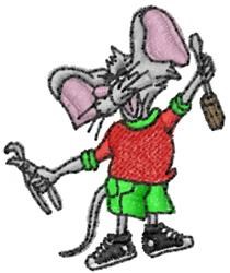 Cartoon mouse with tools wearing a red shirt and green shorts, exuding a playful vibe, perfect for kids.