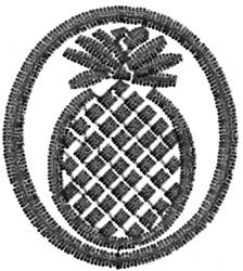 Applique pineapple with a crisscross pattern, encircled by a simple oval border in black thread.