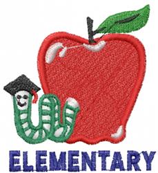 Playful red apple with a green leaf, a cartoon worm in a cap, and 'ELEMENTARY' text below for back to school.