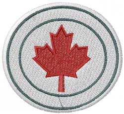 Red maple leaf applique in a clean circular outline, set against a white background. Perfect for Canada Day.