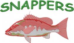 Colorful red snapper fish with intricate detailing in shades of red and pink, featuring bold green text 'SNAPPERS'.