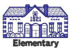 Embroidered schoolhouse in blue and white, featuring '1921' above the door and 'Elementary' below.