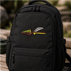 Black backpack with vibrant spear design, featuring zippers and pockets, perfect for outdoor use.