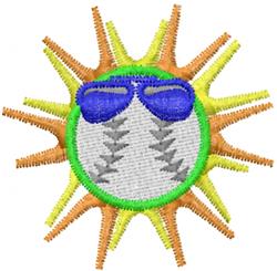 Playful sun with a baseball face and blue sunglasses, featuring bright yellow and orange rays. Perfect for summer.