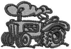 Cartoonish tractor with playful curves, showcasing a prominent rear tire and fluffy cloud above.
