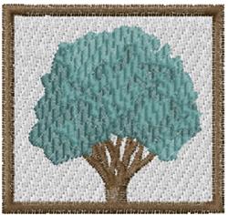 Tree with thick brown trunk and vibrant teal leaves on textured fabric. Modern, minimalist design for nature lovers.