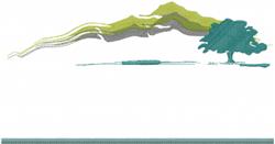 Tree silhouette in darker teal against minimalist rolling green mountains, featuring a modern and tranquil design.