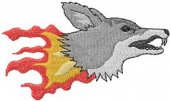 Cartoonish wolf head in gray with fiery red and yellow flames, perfect for standard embroidery projects.