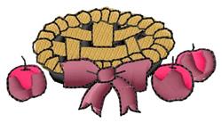 Colorful apple pie with a golden lattice crust, three shiny red apples, and a pink ribbon, perfect for fall.