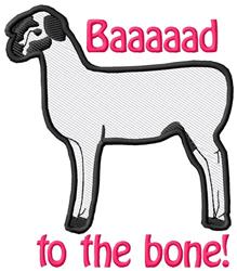 Playful white sheep with black accents and humorous text 'Baaaaad to the bone!' in bold pink, perfect for a fun embroidery de