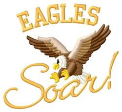 Bald eagle in flight with outstretched wings, detailed feathers, and bold 'EAGLES SOAR!' text, perfect for sports.