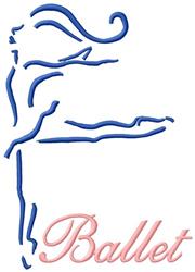 Ballet dancer silhouette in blue line art, with pink 'Ballet' text below. Minimalist design for elegance.