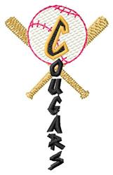 Baseball with pink stitching, crossed bats, and yellow 'C' above bold 'COUGARS' text in a sporty design.