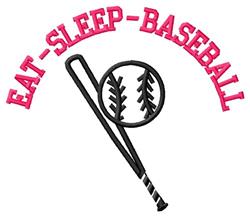 Baseball design featuring bold pink 'EAT-SLEEP-BASEBALL' text above a detailed ball and leaning black bat, sporty vibe.