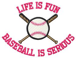 Playful baseball design with bright pink text 'LIFE IS FUN' above and crossed bats below, ideal for sports-themed items.