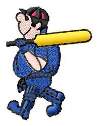Cartoon baseball player in a blue uniform with a black helmet, holding a yellow bat. Perfect for sporty designs.