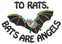 Playful black bat in flight with blue and grey details, featuring the saying 'TO RATS, BATS ARE ANGELS' in bold text.