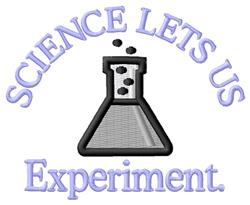 Playful beaker outline with cheerful bubbles above and light purple text reading 'SCIENCE LETS US Experiment.'