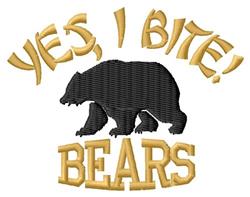 Bold bear silhouette with 'YES, I BITE!' in gold lettering showcases playful humor and vibrant color contrast.