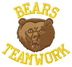 Realistic bear face with bold yellow 'BEARS' and 'TEAMWORK' text, designed for machine embroidery.