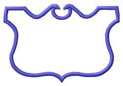 Blank label shape with a vibrant blue outline, featuring a symmetrical design and decorative top.