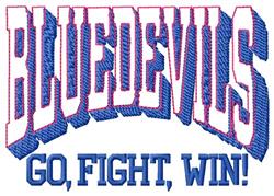 Bold text 'BLUE DEVILS' with shadow effect and dynamic blue-white contrast, featuring 'GO, FIGHT, WIN!' below.