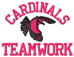 Bold red cardinal bird with feather details and pink 'CARDINALS TEAMWORK' text, perfect for sports events.