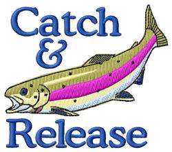 Colorful fish design in vibrant blue, green, and pink with 'Catch & Release' text, perfect for outdoor activities.