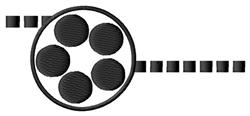 Circular design featuring a large circle with five textured dots and adjacent squares, in a minimalistic modern style.